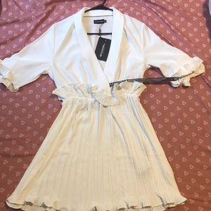 White Frill Detail Pleated Skater Dress